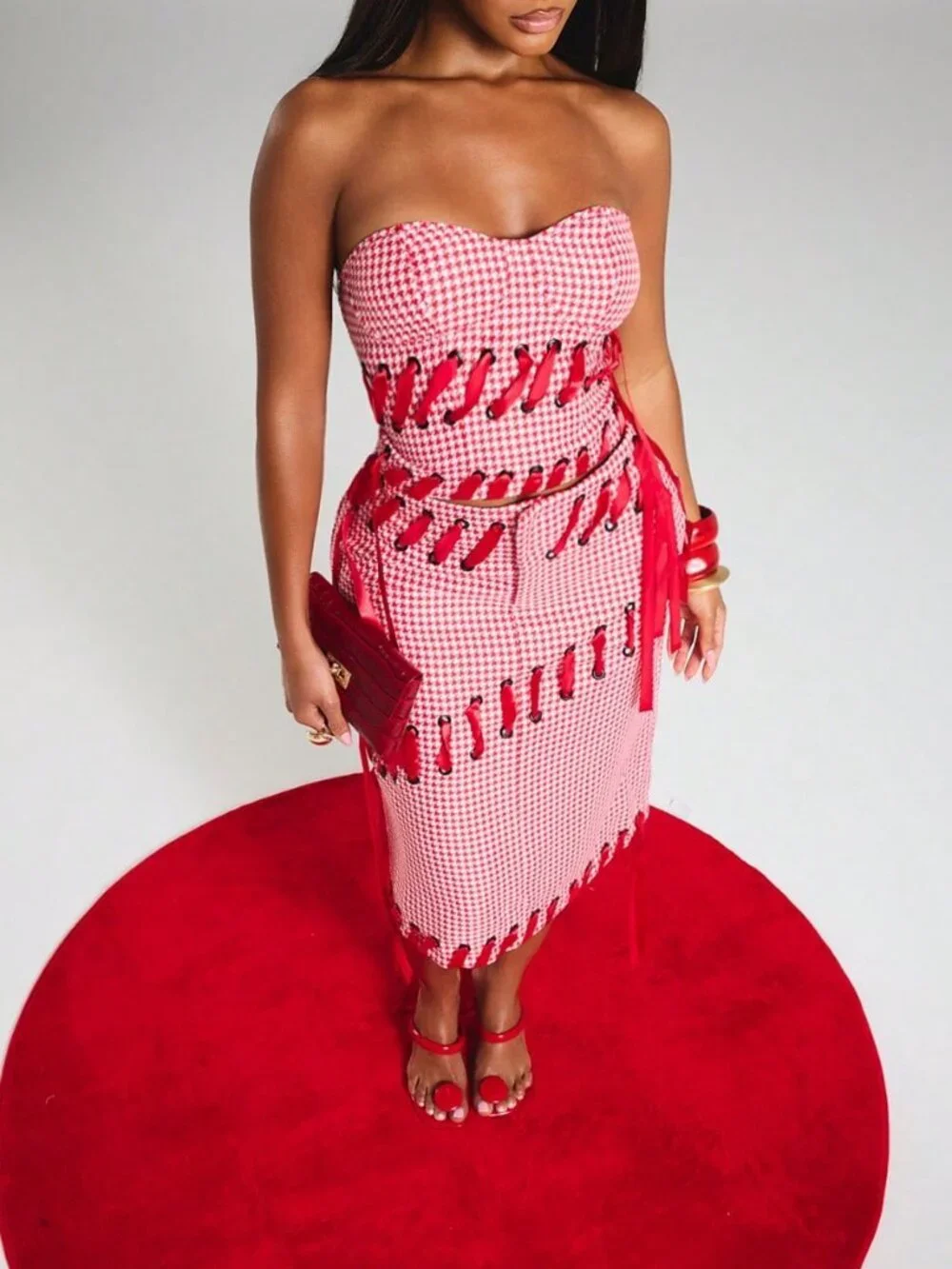 Red Casual Women's Lace Up Gingham Tweed Houndstooth Pencil Midi Skirt